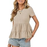 Cuptacc Womens Summer Babydoll Tops 2026 Waffle Knit Short Sleeve Crewneck T Shirts Dressy Casual Blouses