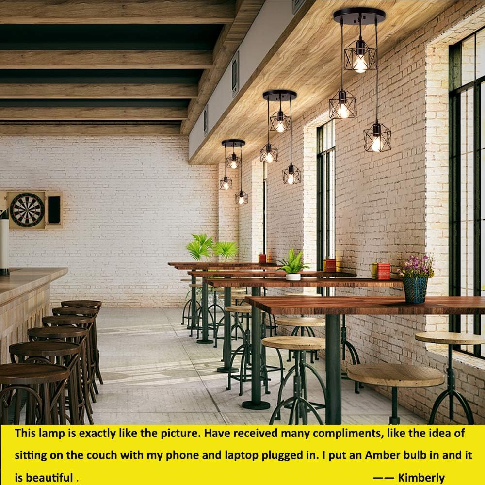 DLLT Vintage Pendant Light, Adjustable Mini Hanging Pedant Lights Fixture with 3-Light Cage Shade, Flush Mount Ceiling Swag Lighting for Kitchen/Dining Room/Hallway/Bedroom, E26 Base (Black) - - 