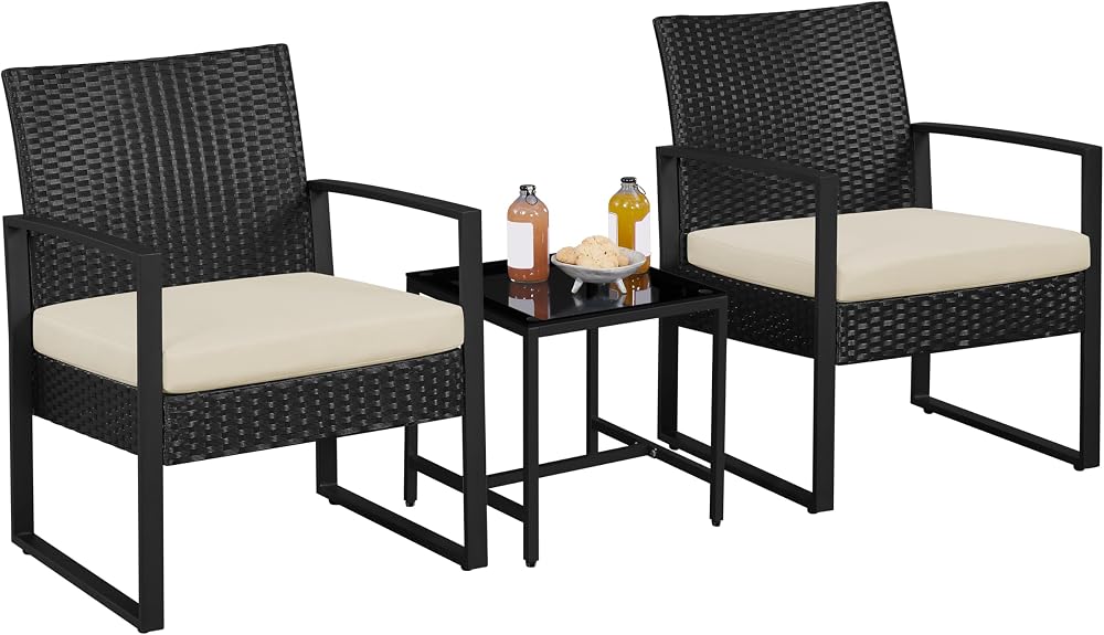 Yaheetech 3-Piece Rattan Garden Furniture Set 2 Chairs Table Black Beige