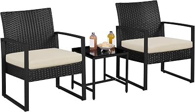 Yaheetech 3-Piece Rattan Garden Furniture Set 2 Chairs Table Black Beige