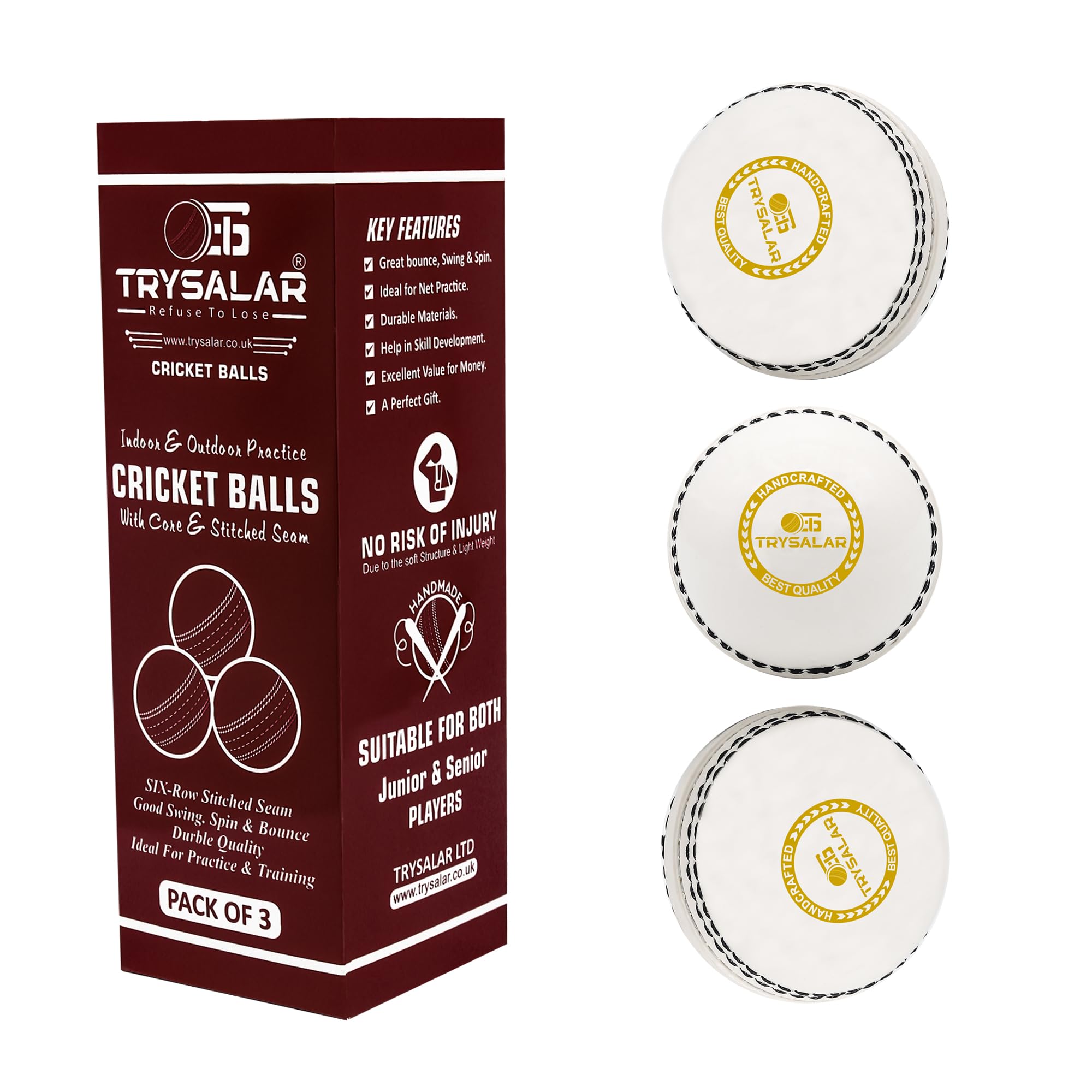 TrySalar Soft Cricket Rubber Ball Indoor/Outdoor for Junior Youth Adult Training, Coaching, Practice Excellent Bounce with Durable Traditional Seams Hand Stitched (White-3Pcs)