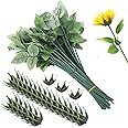 YOKOKE 30Pcs Floral Wire Stem with Leaves and 30Pcs Artificial Flower Calyxes Set Plastic Rose Floral Wire DIY Craft Bouquet Plastic Flower Sepals Making Floral Arrangement Tools