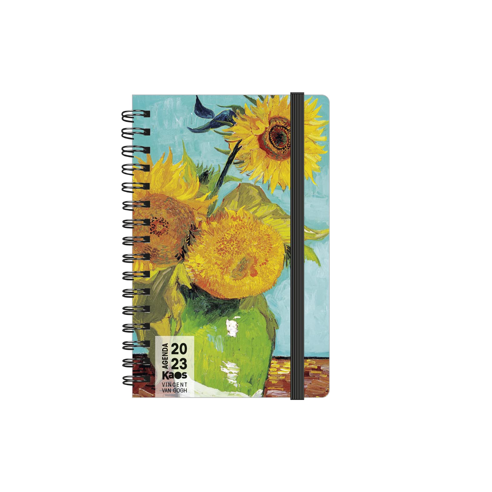 Kaos Weekly Planner 2023 with Spiral - 12 Months with Planner - Pocket 9 x 14 cm - for Home University Travel - Cardboard Blanket, Flat Elastic Band, Bookmark - Van Gogh Girasoli