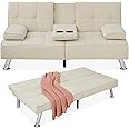 Best Choice Products Linen Modern Folding Futon, Reclining Sofa Bed for Apartment, Dorm w/Removable Armrests, 2 Cupholders - Ivory