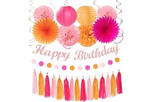 Hot-Pink Orange 21st Happy-Birthday Party-Decorations - 31pcs Sweet 16 18th Women Girls Paper Lanterns Streamers Banner,Tissue Pom Poms Fans Tassels Graland Decor,Fall Boho Backdrop Supplies Hugmoon