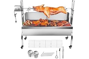 KODOM Stainless Steel Rotisserie Grill with Back Cover Guard, 25W Motor Small Pig Lamb Rotisserie Roaster, 48.7 Inch BBQ Charcoal Rotisserie Grill for Camping Outdoor Kitchen