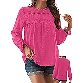 Falechay Womens Boho Tops Long Sleeve Shirts For Women Cute Crewneck Blouse Dressy Casual Swiss Dot Crochet Hollow Top 2026