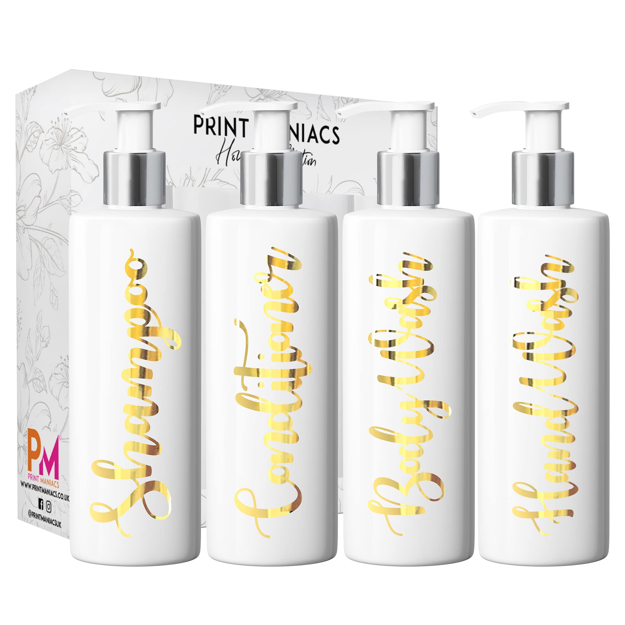 Print Maniacs White Mrs Hinch Inspired Personalised 500ml Pump Bottles Bathroom Lotion Kitchen Set Shampoo Conditioner ( Hand Wash Set ) (Gold)