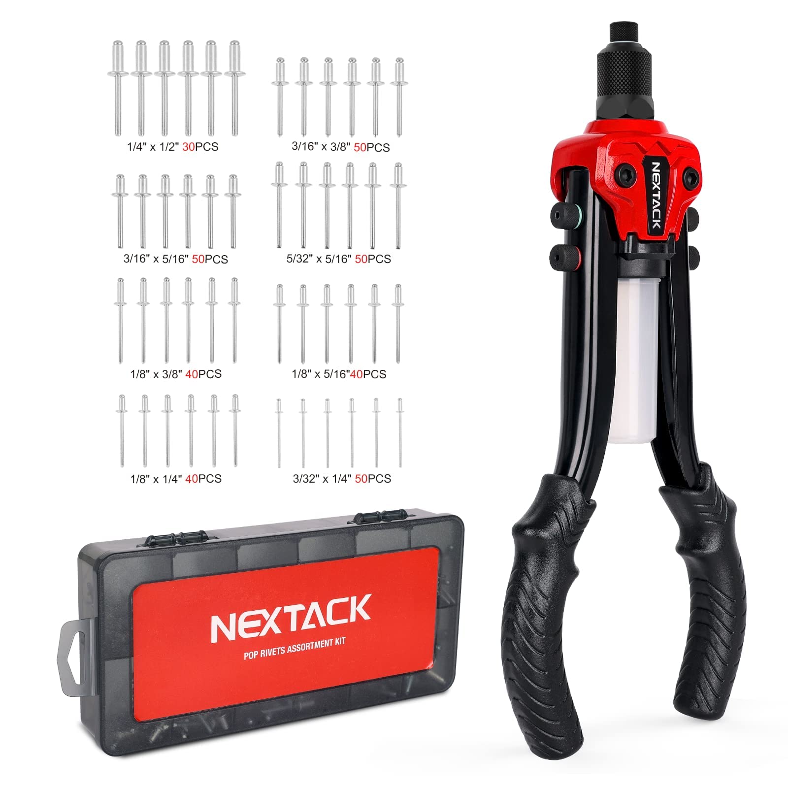 Photo 1 of NEXTACK 1/4 Rivet Gun w/ 350pc Assorted Rivets, Pop Rivet Gun Kit w/ 5pc Nosepieces, Two-Handed Heavy Duty Riveter Tool Setter with Shaft Container for Van, Gutter & Automotive(NT300)
