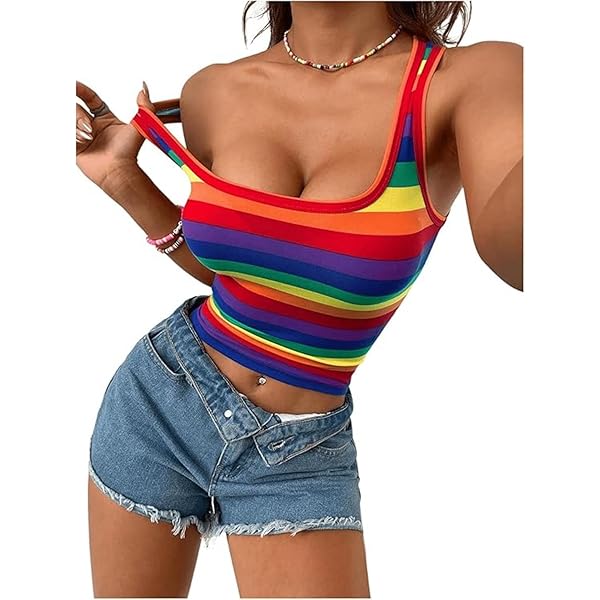 GORGLITTER Women's Color Block Pride Rainbow Crop Top Square Neck