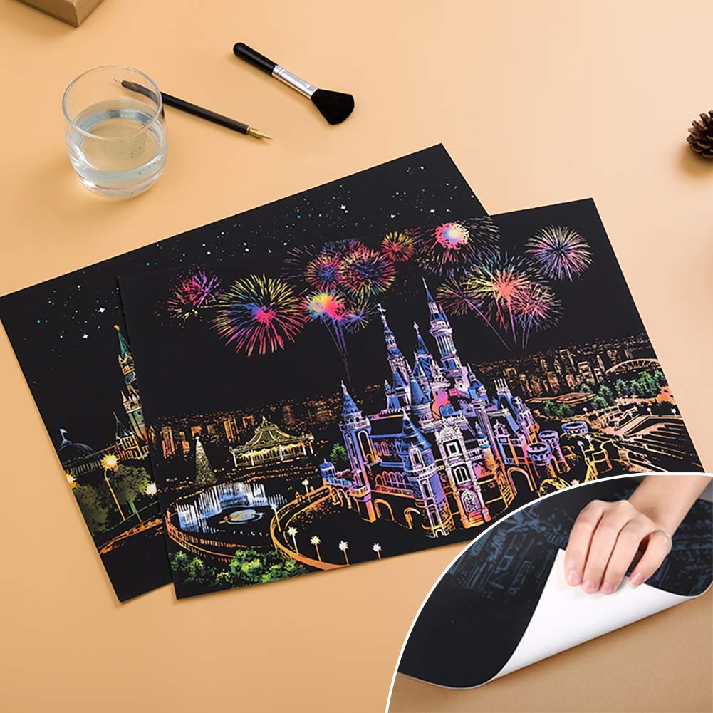 Yigica Scratch Paper Rainbow Painting Sketch Pads DIY Art Craft Night View Scratchboard for Adults and Kids - 4 Packs, 16 X 11.2 Inches