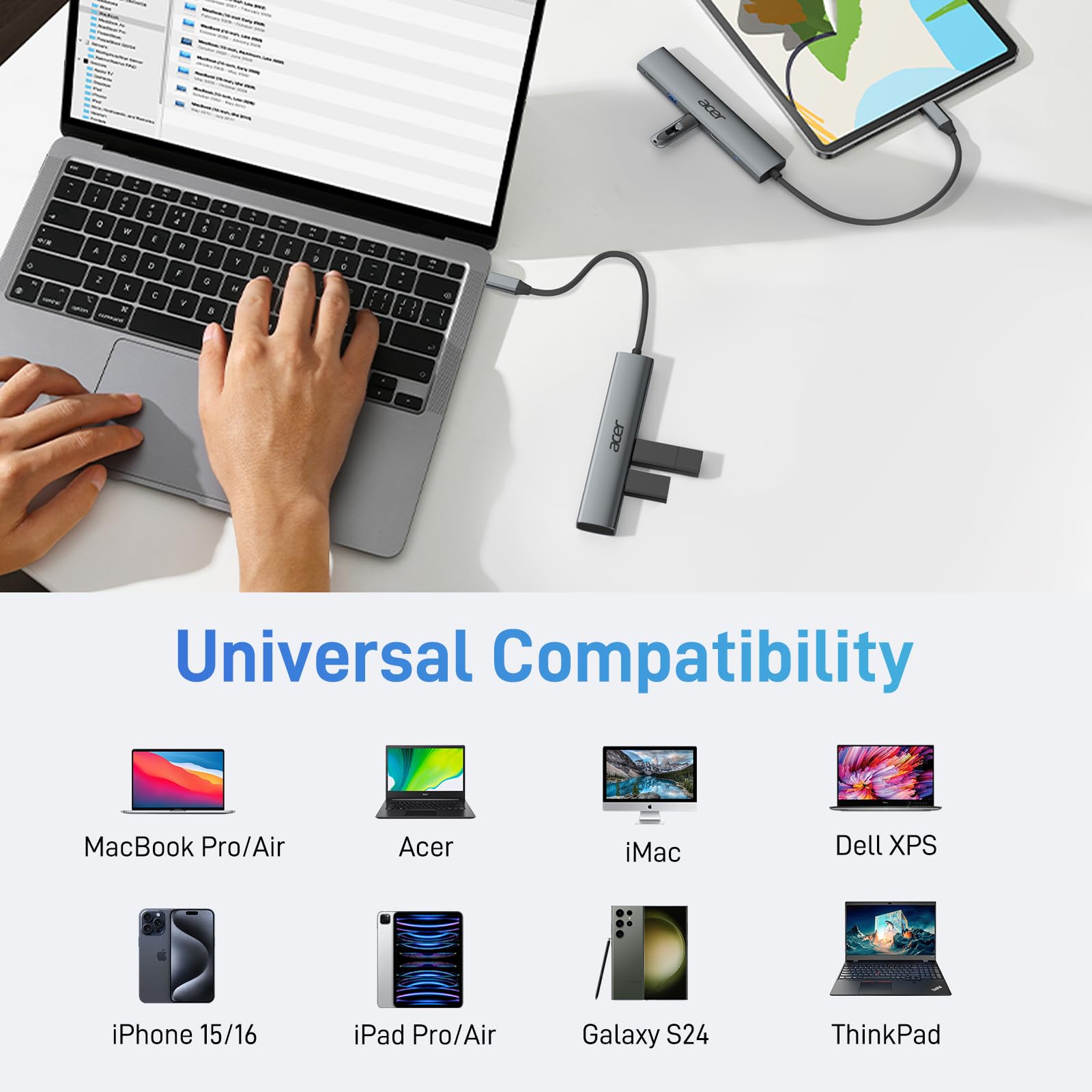 Acer 5 in 1 USB C Hub with 4K HDMI, 100W Power Delivery, 3 USB A Data Ports, USB C to HDMI Multiport Adapter for Laptop, PC, Tablet, MacBook Air, iPad Air, iMac, iPhone 15/16 Pro/Pro Max