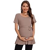 Smallshow Women's Maternity Shirts Tie Front Short Sleeve Pregnancy Tops Clothes