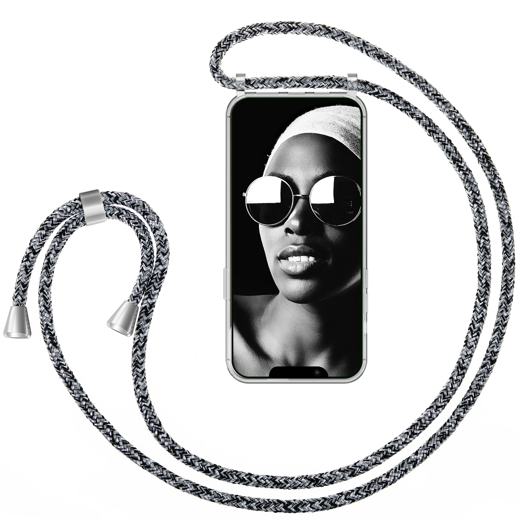 ZhinkArts Mobile Phone Chain Compatible with Apple iPhone 12 Mini - 5.4 Inch Display - Smartphone Necklace Case with Strap - Cord with Case for Hanging in Black / White