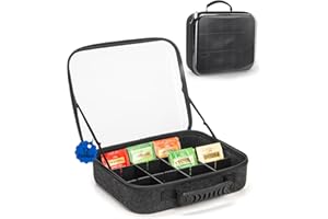 Large Tea Organizer and Storage Box with Clear Lid, 6 Adjustable Compartments for Tea Bags, Coffee Pods, Sugar Packets & Swee