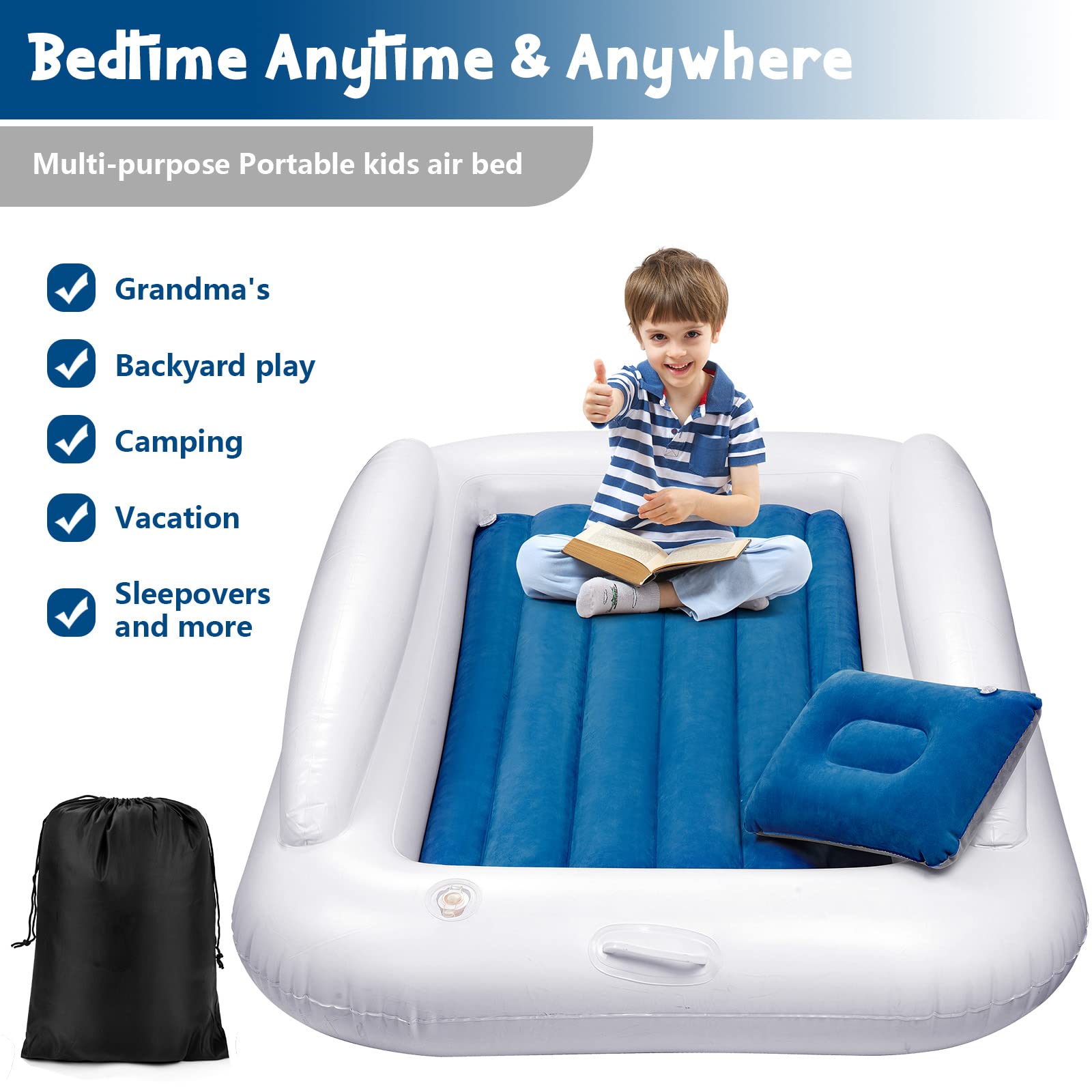Inflatable Toddler Travel Bed, Portable Toddler Bed | Kids Air Mattress with Sides | Reversible 2 Colors Kids Blow Up Mattress -Navy Blue & Grey