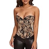 KIWI RATA Women's Sexy Overbust Vintage Denim Corset Floral Pattern Bustier Top Lace Up