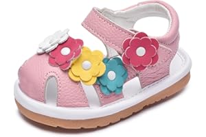 Skeblo Toddler Girls Squeaky Shoes Flower Punch Baby Mary Jane Flats Sandals (Removable Squeakers)