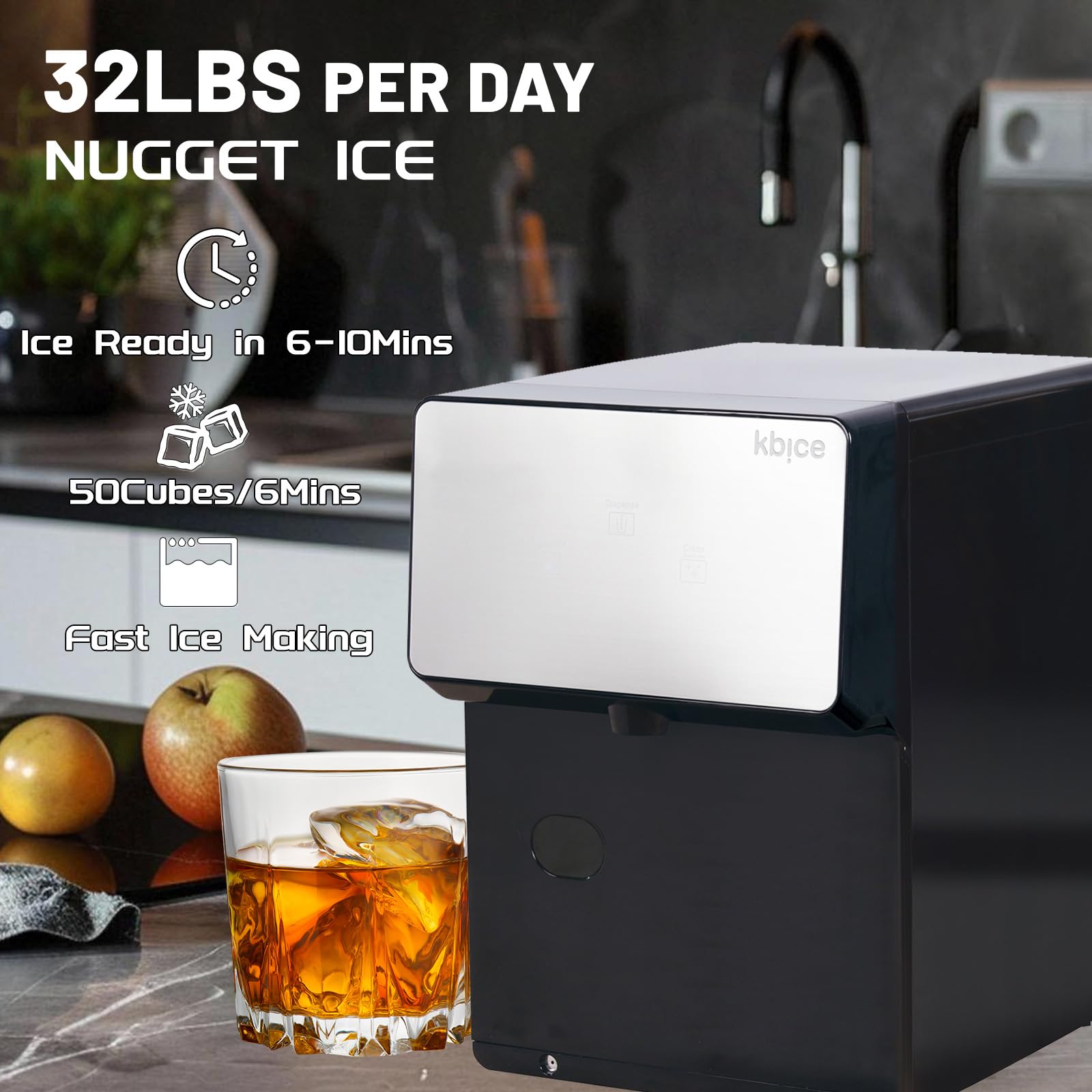 VITLIFE Countertop Nugget Ice Maker with Chewable Soft Ice, 35lbs/24Hrs High Capacity, Self-Cleaning & Automatic Dispensing, Quiet 45dB Operation for Home/Office/Bar (BPA-Free, LED Touch Panel)