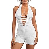 Cusghjbsg Women's Lace Bodysuit Shorts Solid Color Sleeveless Halter Backless Cross Bandage Jumpsuit Party Club Rompers
