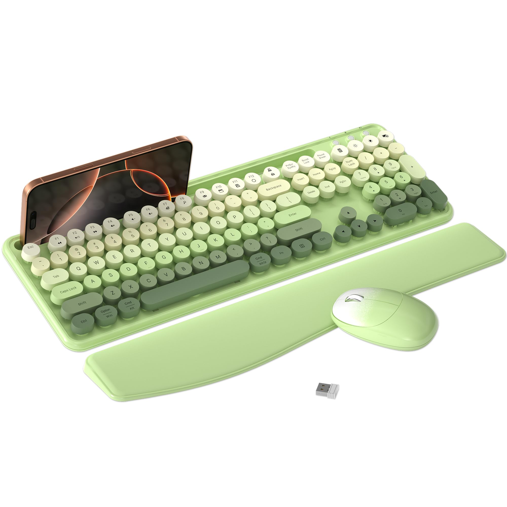Photo 1 of MPTOG Colorful Wireless Computer Keyboard and Mouse Combo with Phone Holder, Wrist Rest, Typewriter Keys, 2.4GHz Wireless, Full-Sized Optical Mouse for PC and Laptop(Green Colorful)
