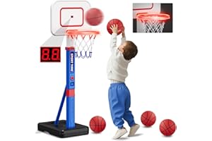 HYES Toddler Basketball Hoop with Scoreboard/LED Basketball Rim/4 Balls, 55" Height Adjustable Basketball Hoop for Kids 3-5, Indoor Outdoor Sport Toys Birthday Gifts for Baby Boys Girls