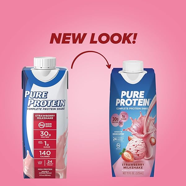 PURE PROTEIN STRAWBERRY PROTEIN SHAKE, 30G COMPLETE PROTEIN, READY TO DRINK AND KETO-FRIENDLY, VITAMINS A, C, D, AND E PLUS ZINC TO SUPPORT IMMUNE HEALTH, 11OZ BOTTLES, 12 PACK