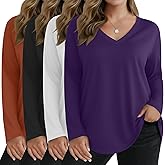 Sweetyweee 4 Pack Women's Plus Size T Shirts Long Sleeve V Neck Tops Basic Loose Fit Curved Hem Tunic Clothes