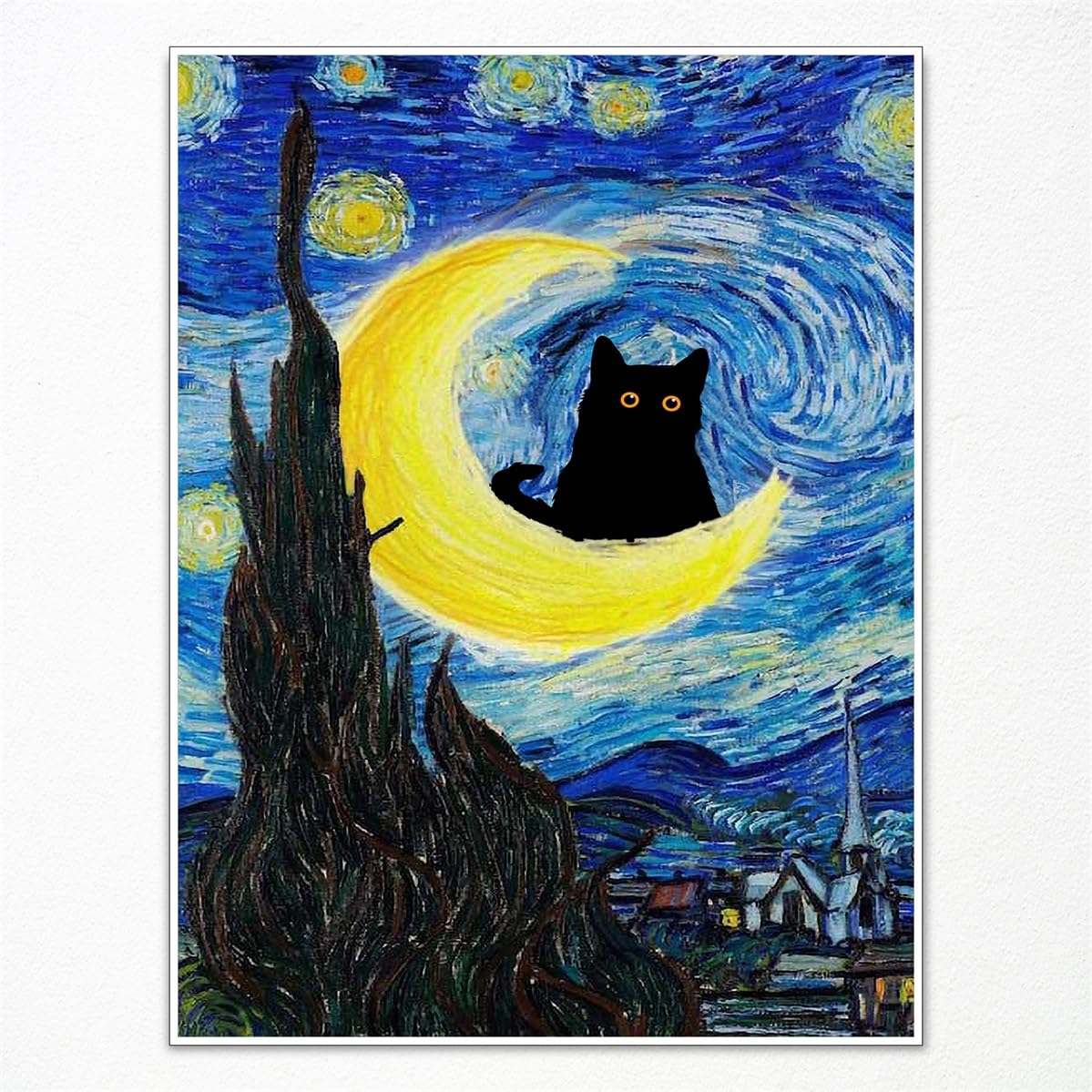 GAINOW Van Gogh The Starry Night Wall Art, Black Cat Poster, Funny Cat Flower Print, Colourful Abstract Aesthetic for Bedroom, 30 x 40 cm, Unframed