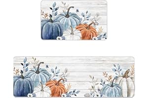 PRIME LEADER Fall Pumpkin Kitchen Mat Set 2 Pieces Thanksgiving Blue White and Orange Ombre Pumpkins Rustic Wood Grain Non Slip Kitchen Rugs Washable Runner Rug Mats for Kitchen Sink, 15.7" x 23.6"+15.7" x 47.2"