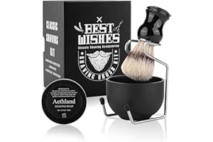 Aethland Shaving Brush Set for Men, 4 in 1 Include 100g Shaving soap, Badger Shaving Brush and Stainless Steel Shaving Stand & Shaving Bowl for Husband Father Birthday Boyfriend Gifts（B Black)