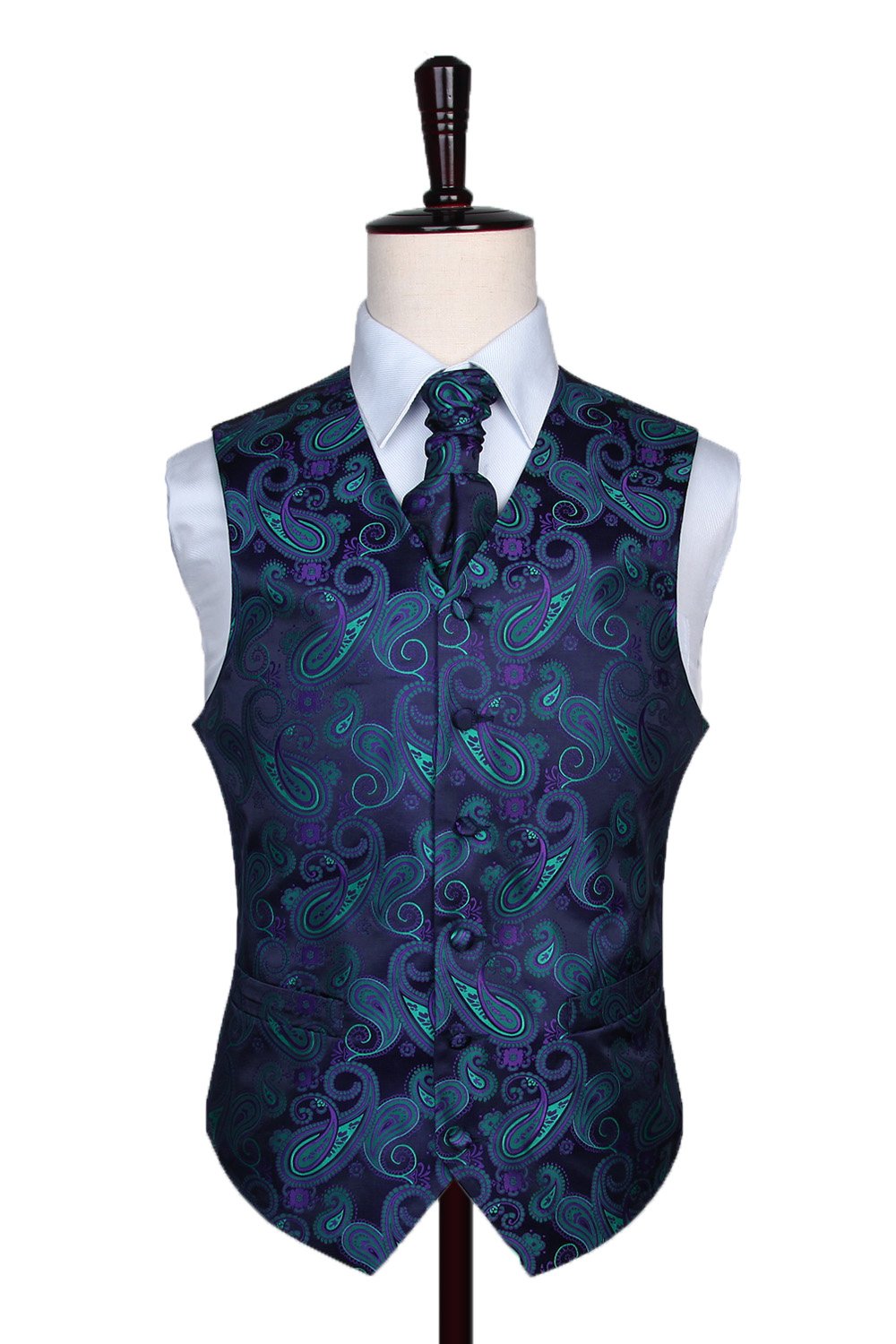 HISDERN Men's Floral Jacquard Waistcoat Vest Suit Set 4XL(Chest size 47') Purple Aqua