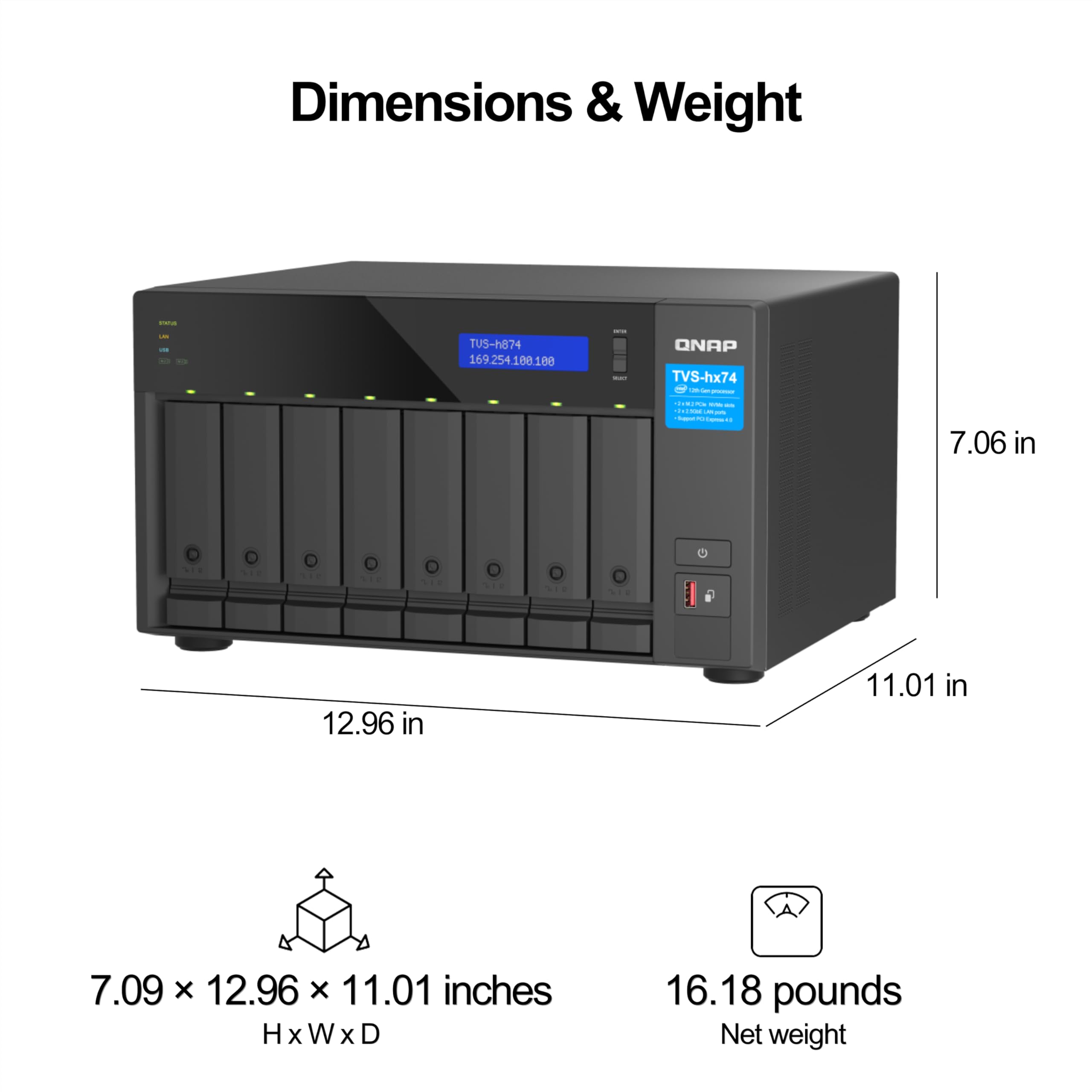 QNAP TVS-h874X-i9-64G-US 8 Bay High-Speed Desktop NAS with 12th Gen Intel® Core™ CPU, 64GB DDR4 RAM, 10GbE & 2.5 GbE Networking and PCIe Gen 4 expandability (Diskless)