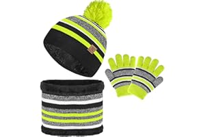 Kids Winter Hat, Scarf & Gloves Set - Knit Beanie Hat, Fleece Lined for 3-8 Year Olds, Green, Medium