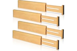 BESHOF 4 Pack Bamboo Drawer Dividers, Adjustable Length from 12 Inch to 17 Inch, Expandable Kitchen Drawer Organizer, Drawer Organization Separators for Clothes, Kitchen, Bedroom, Dresser, Office (Beige)