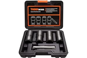 THINKWORK 1/2 Inch Drive Lug Nut Removal Tool, 5-Piece Wheel Lock Removal Kit, Lug Nut Remover for Stripped, Rounded, Damaged
