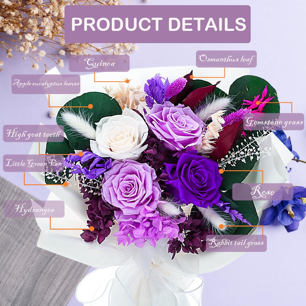 Flowers Gifts For Mom,Purple Valentines Gifts, Preserved Flower Bouquets, Purple Roses, Birthday Gifts For Women, Mothers Day Flowers For Wife