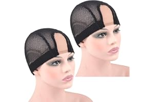 YTBYT 2 Pcs 1.4X3 Inch U Part Wig Cap for Making Wig Lace Wig Cap Dome Mesh Stretch Weaving Wig Caps (Medium Black)
