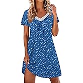 Ekouaer Womens Nightgown Lace Trim V Neck Sleep Shirt Flare Short Sleeve Night Gown Pleated Nightshirt Ladies Nightdress