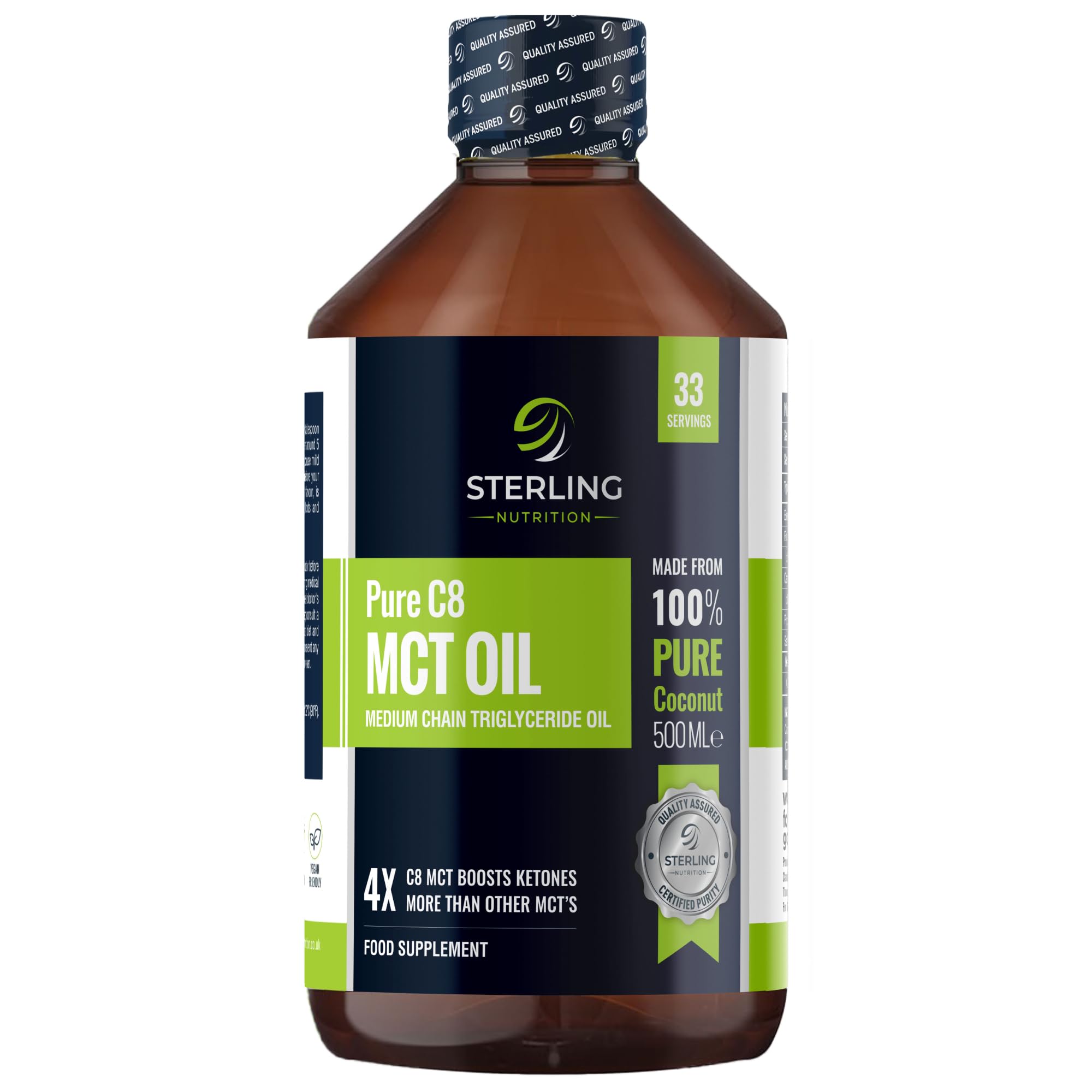 MCT Oil – Pure C8 Caprylic Acid, 500ml | from 100% Coconut Oil | Suitable for Keto & Fasting | Vegan, Gluten-Free & Lab Tested | STERLING NUTRITION