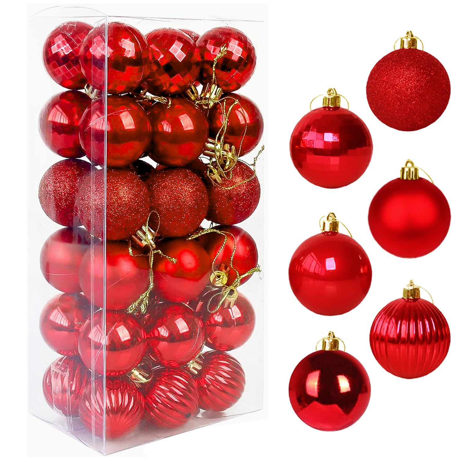 Favuit Christmas Baubles, Christmas Tree Decorations Ornament Balls Shatterproof Xmas Tree Plastic Hanging Ball 4cm 36pcs Baubles Glitter Pendant Bulk Set for Holiday Wedding Party Decor(red)