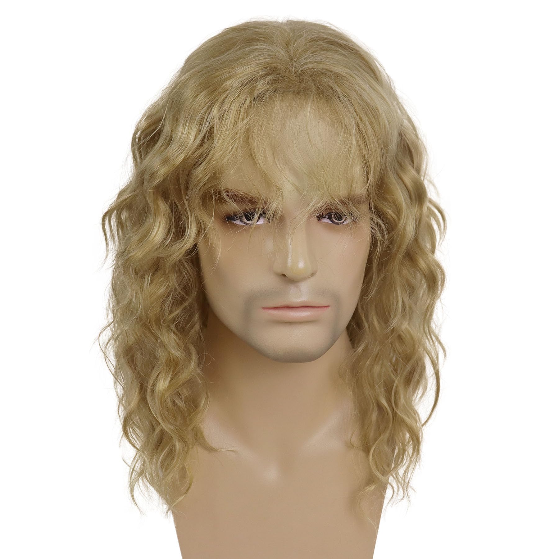 Photo 1 of GNIMEGIL Male Wigs Punk Rocker Costume Natural 20inch Long Curly Blonde Wig With Bangs Water Wave 70s 80s Halloween Cosplay Adjustable Man Hair Men Wig Synthetic Fiber