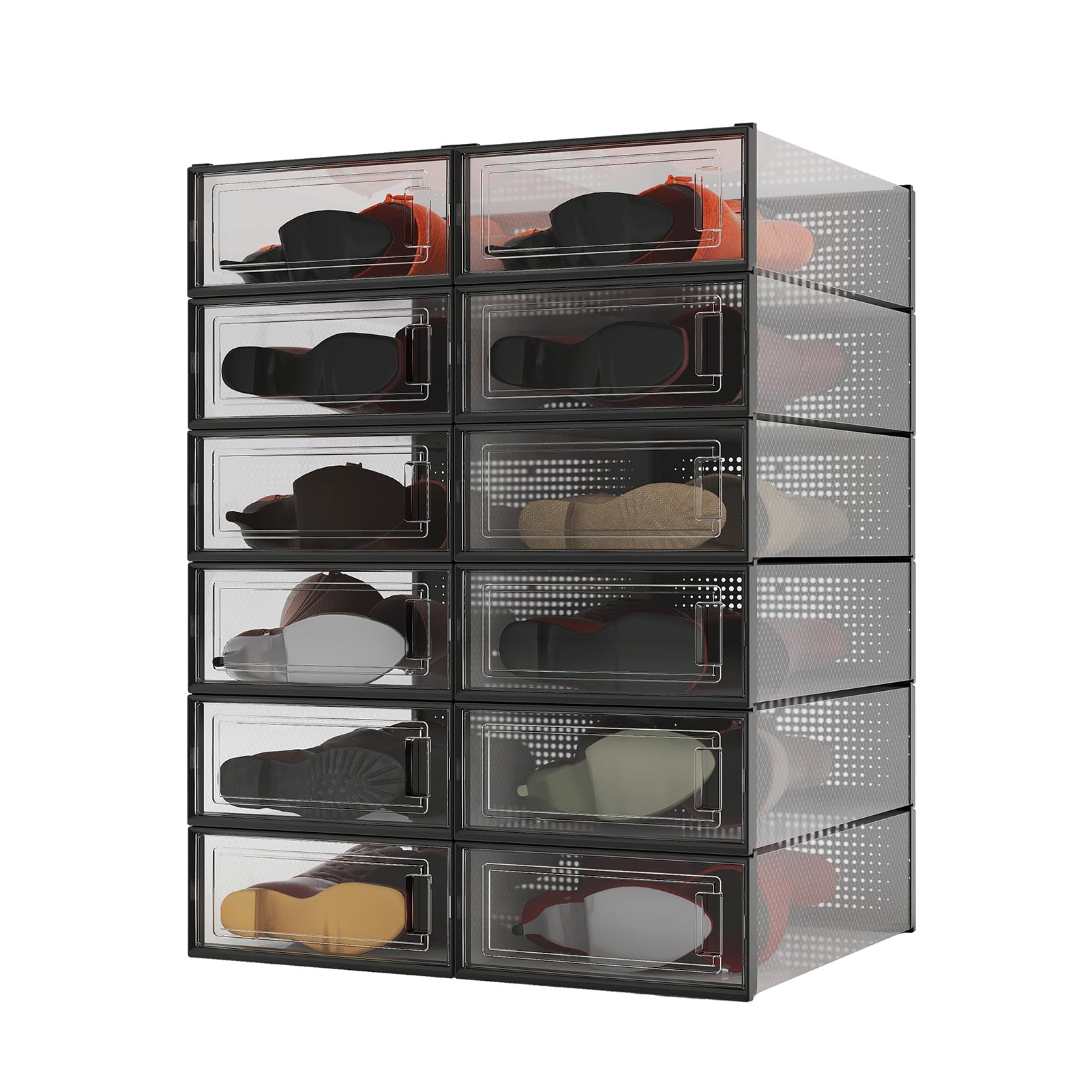 Photo 1 of PARANTA 12-Piece Boot Shoe Storage Box, Stackable Clear Plastic Shoe Organizer with Clear Door for Storing Shoes, Black 20.5" x 12.5" x 5.5"