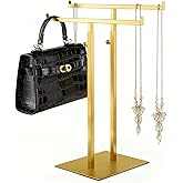 Purse Display Stand Jewelry Towers, Double T-Shaped Tabletop Stainless Steel Hook Hanging Adjustable Height Handbag Holder for Organizer Luxury Bags Necklaces Home Store Boutique Retail Closet