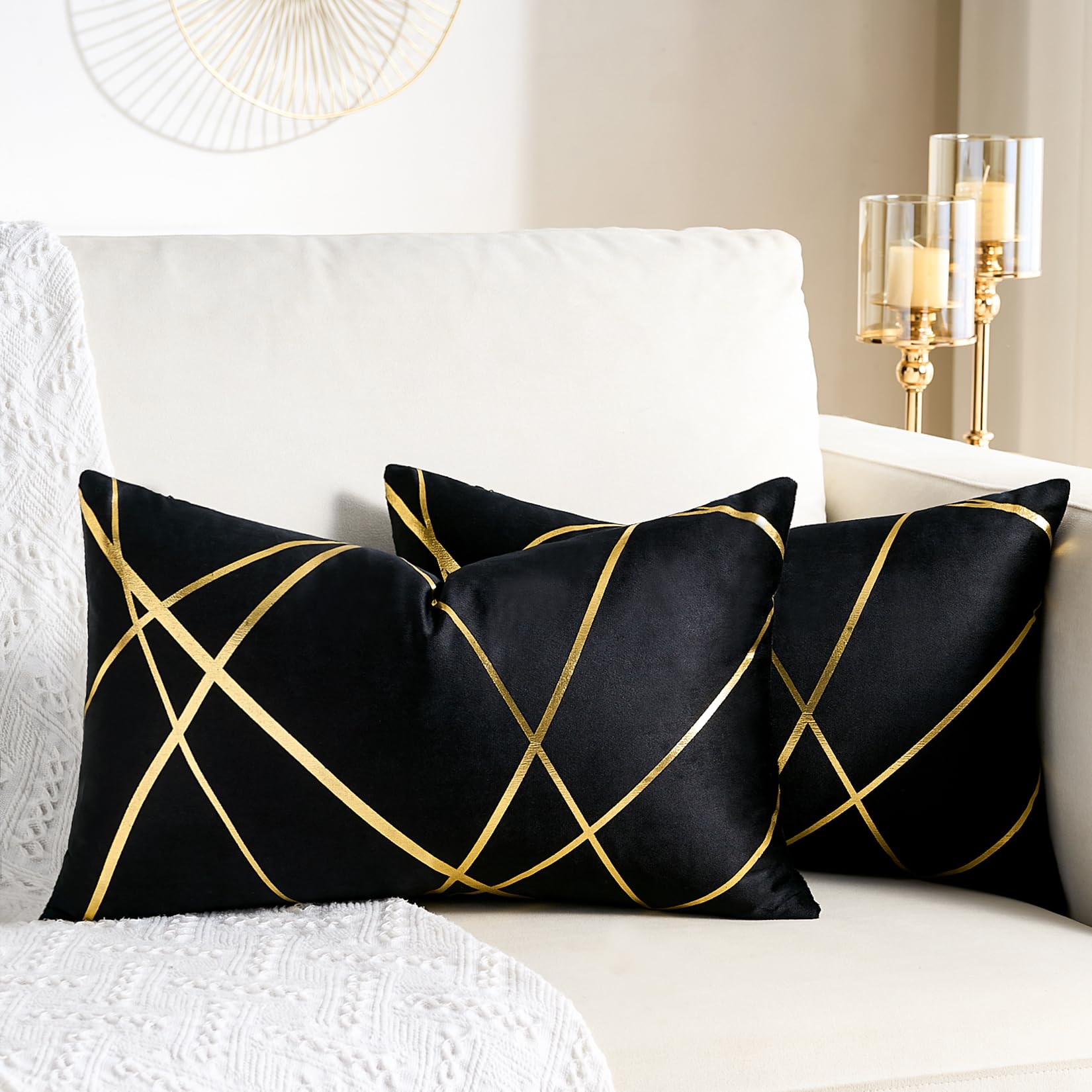 2 Pack Velvet Cushion Cover 30 x 50 CM Black Decorative Throw Pillow Covers Gold Lines Square Geometry Cushion Case Soft Home for Living Room Bedroom Spring Summer 12 x 20 Inch — image 1