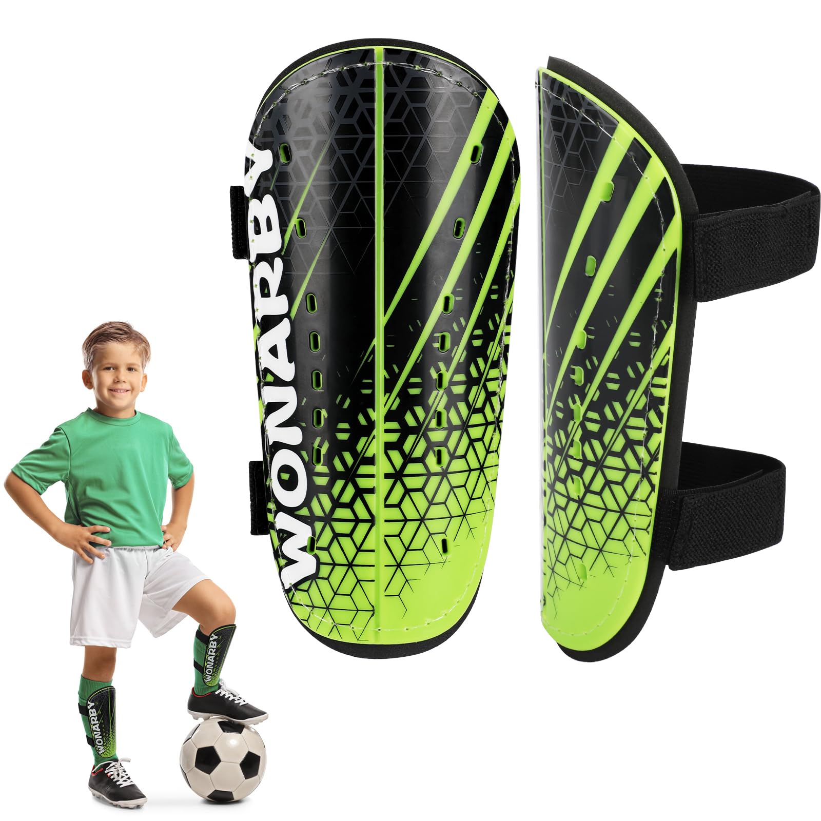 Shin Pads Football Youth Kids - Shin Guard for Boys Girls Teenagers 2-18 Years Old - Soccer Shin Guards Protection Equipment with Adjustable Straps - Green,M