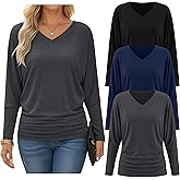 Oakgarden 3 Pack Women's Dolman Long Sleeve Tops Casual Flowy Draped Side Ruched Shirts V Neck Lightweight Bat Wing Basic Tee