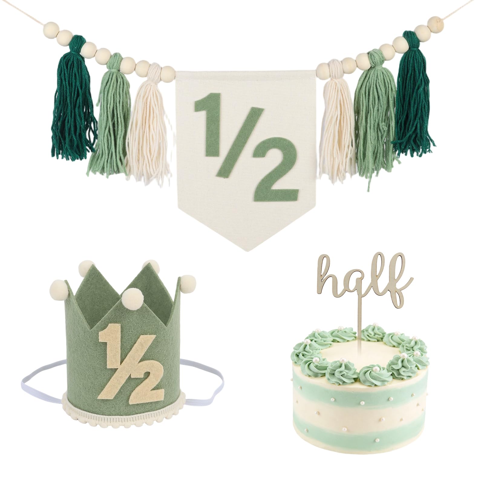 1/2 Birthday Decorations Highchiar Banner for Boys Girls - Green Half Hat with Cake Topper - 1/2 Birthday High Chiar Banner for Phote Backdrop Party Decorations