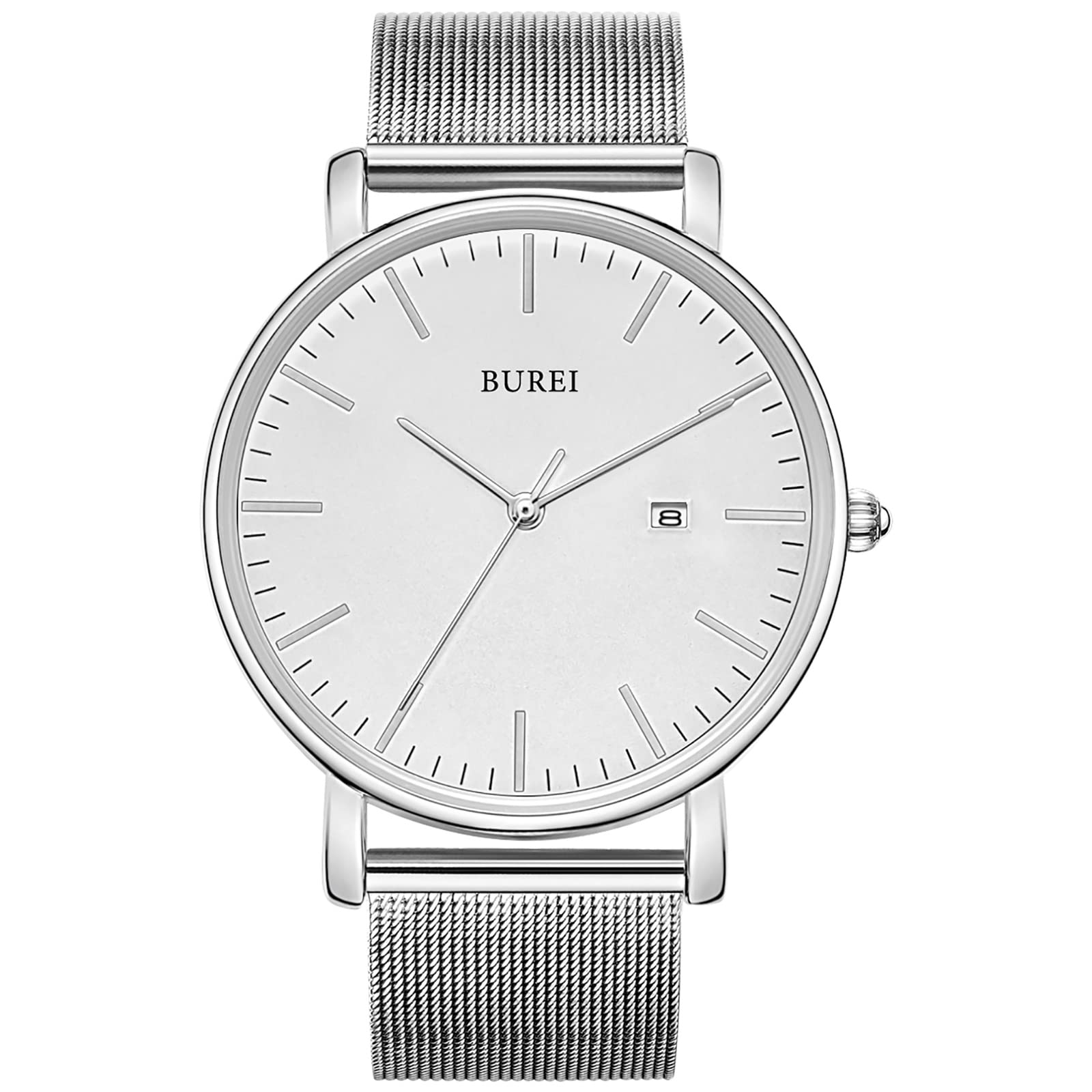 BUREI Men's Watches, Classic Analogue Dial with Date Japanese Quartz and Ultra-Thin Stainless Steel Mesh Band (Silver, Stainless Steel)