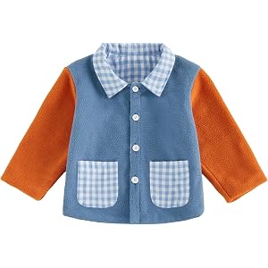 Nibbcoa Toddler Kids Fleece Jacket Color Block Collared Long Sleeve Outerwear Button Down Shirt Warm Spring Fall Winter Coat